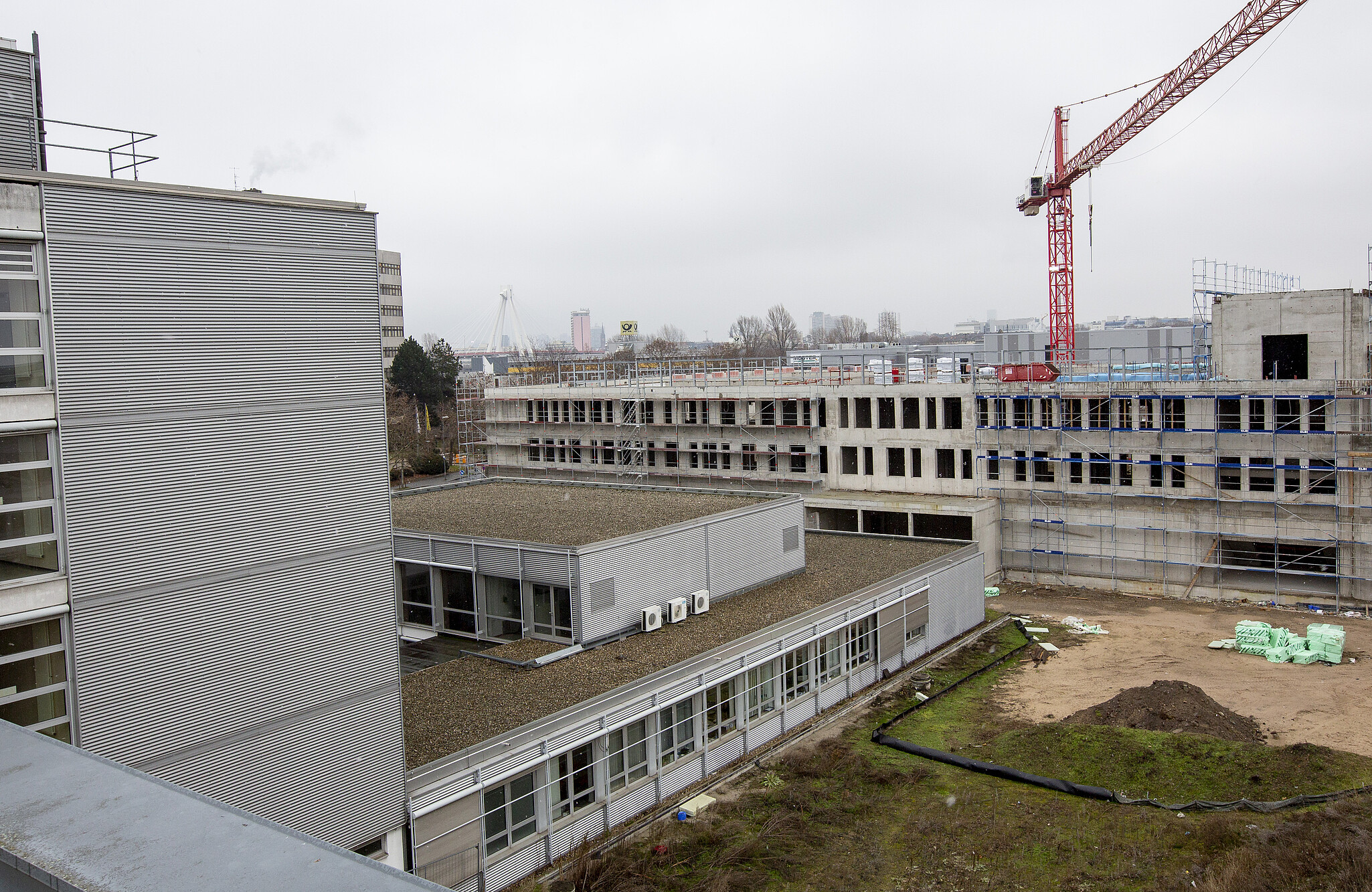 Ansicht des künftigen Erweiterungsbaus C der HWG LU aus der Perspektive der Bestandsgebäude A und B (Bild: view)