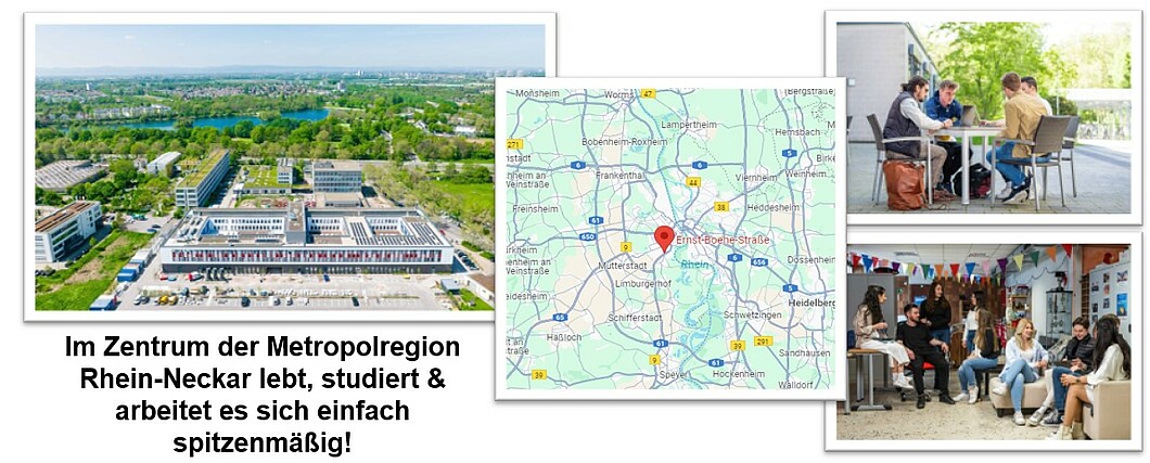 Eine Bilder-Collage zum Thema "Studieren in Ludwigshafen". Auf der linken Seite ist der Campus aus der Vogelperspektive zu sehen, wobei die verschiedenen Gebäude gut erkennbar sind. In der Mitte ist eine Karte von Ludwigshafen abgebildet, auf der der Standort der Hochschule mit einer Markierung versehen ist. Auf der rechten Seite sind zwei Bilder zu sehen, auf denen Studierende sich an verschiedenen Orten der Hochschule treffen und miteinander kommunizieren.